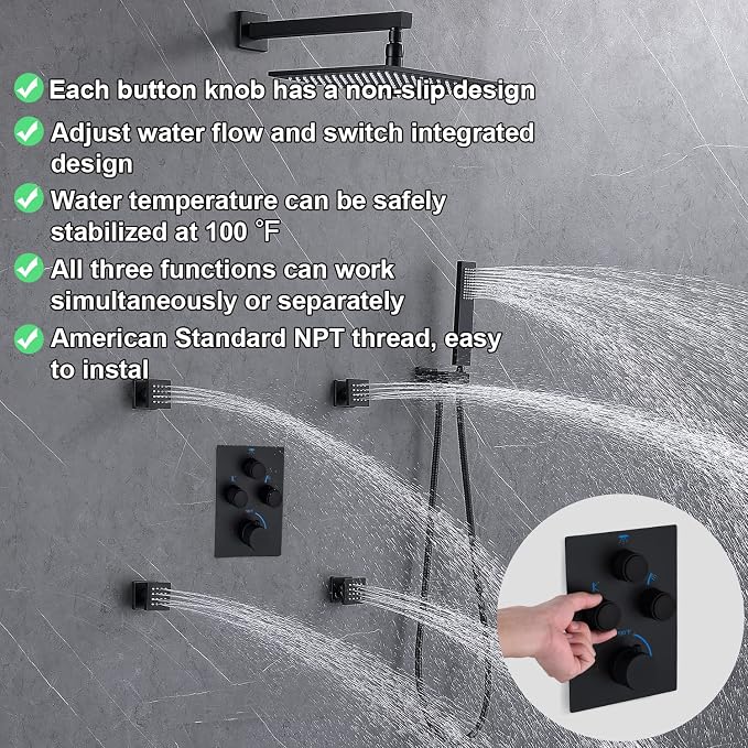 Modern Push Button 3 Way Thermostatic Shower Valve, Concealed Multi Function - Image 3