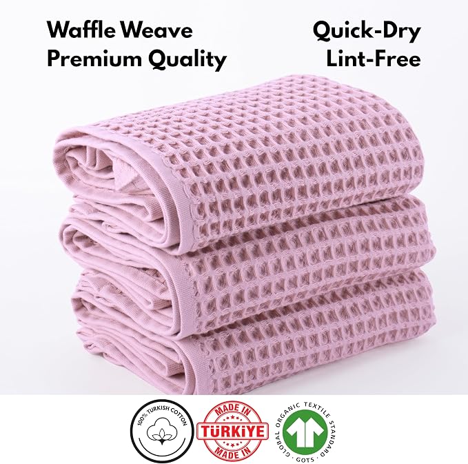 PÜSKÜL Organic Waffle Kitchen Towel 100% Turkish Cotton Set of 3 Pink - Image 4