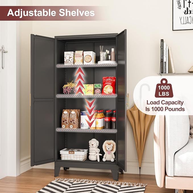 Metal Pantry Cabinet with 2 Doors and Adjustable Shelves, Kitchen Storage - Image 3