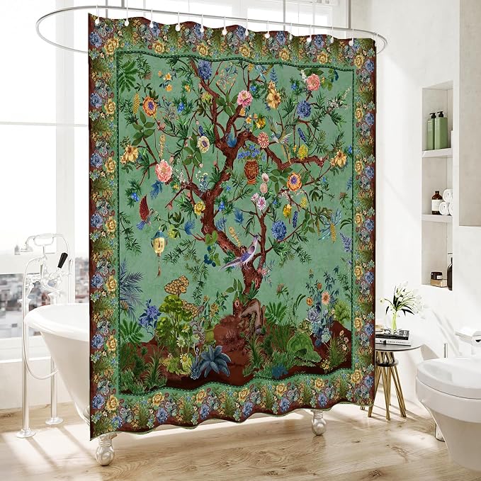 Bohemian Shower Curtain, Boho Floral Print Water Repellent Polyester Fabric - Image 2