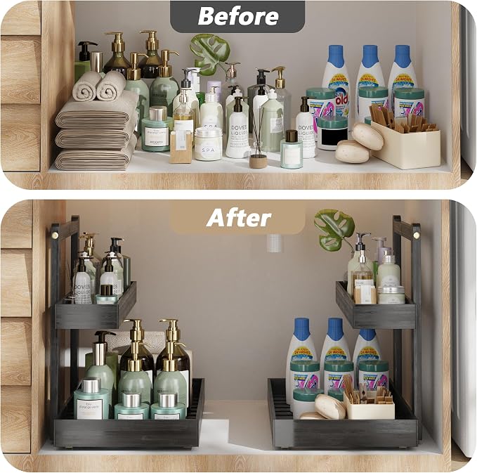 Bamboo Under Sink Organizer and Storage, 2 Tier Pull Out Cabinet Organizer - Image 4