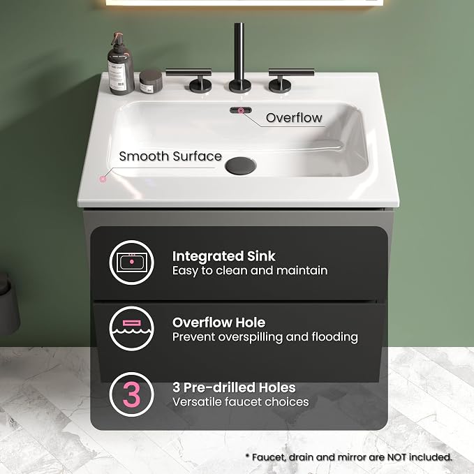 24" Bathroom Vanity with Sink, Modern Floating Vanity with Double Soft Closing - Image 4