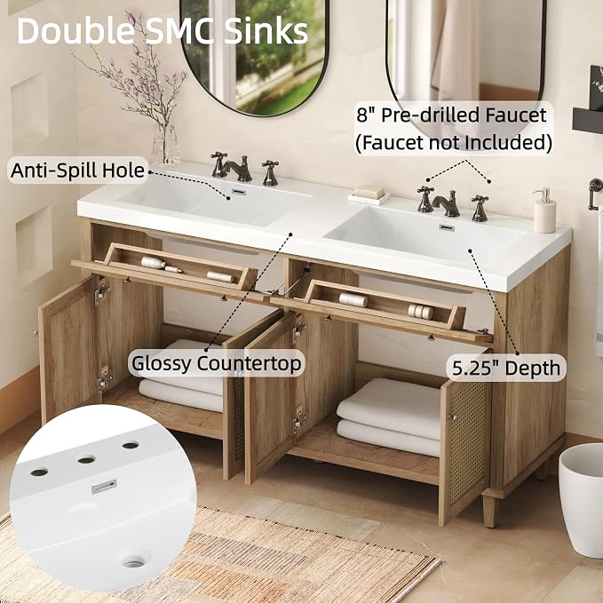 60 Inch Bathroom Vanity with Double SMC Sink Combo Set, Large Double Sink - Image 4