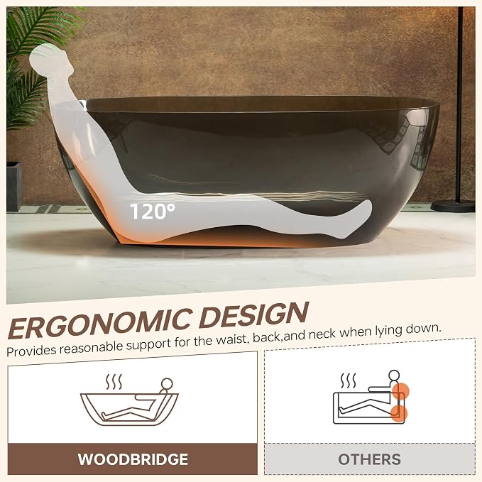 WOODBRIDGE 63" L x 28-3/8" W Transparent Gray Stone Resin Freestanding Soaking - Image 4