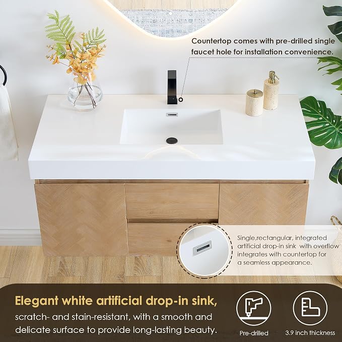 48 Inch Floating Sink Bathroom Vanity Wall Mount Single Vanities Overflow - Image 8