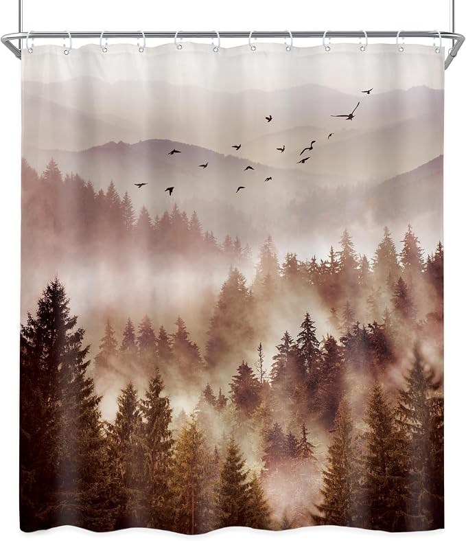 Riyidecor Foggy Mountain Shower Curtain 60Wx72H Inch Abstract Woodland Misty - Image 8