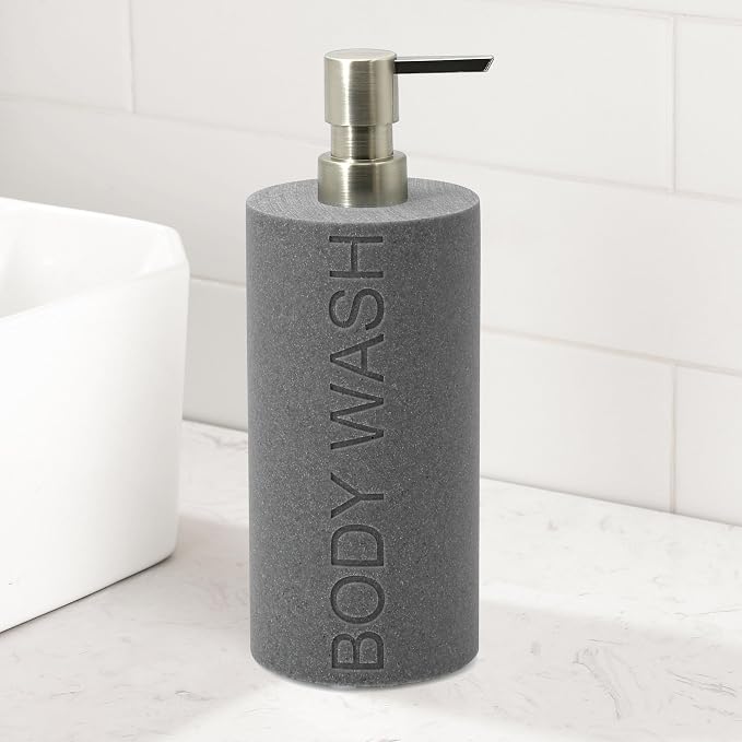 Resin Neutral Gray Sandstone Body Wash Engraved Bottle Refillable Pump Dispenser - Image 3
