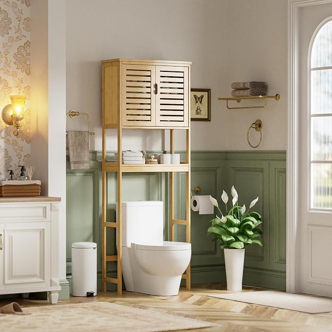 SMIBUY Bathroom Over The Toilet Storage Cabinet, 2 Door Bamboo Cabinet Organizer - Image 9