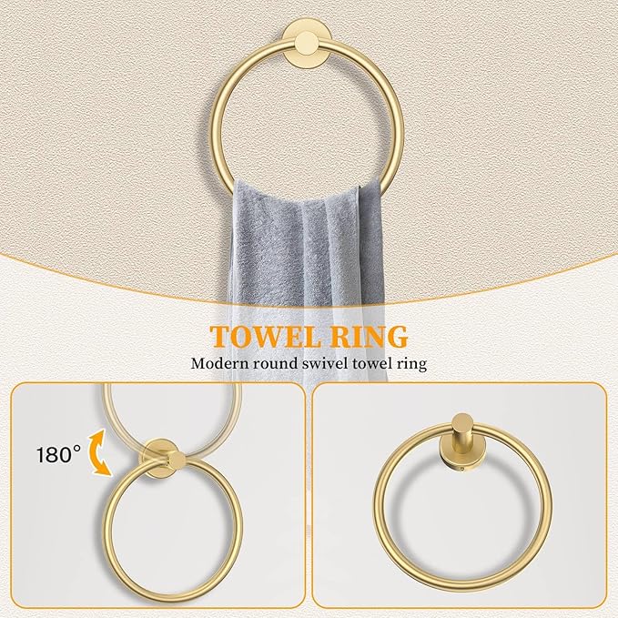 Brushed Gold Towel Bar Set 10 Pieces Round Bathroom Hardware Set Includes - Image 3