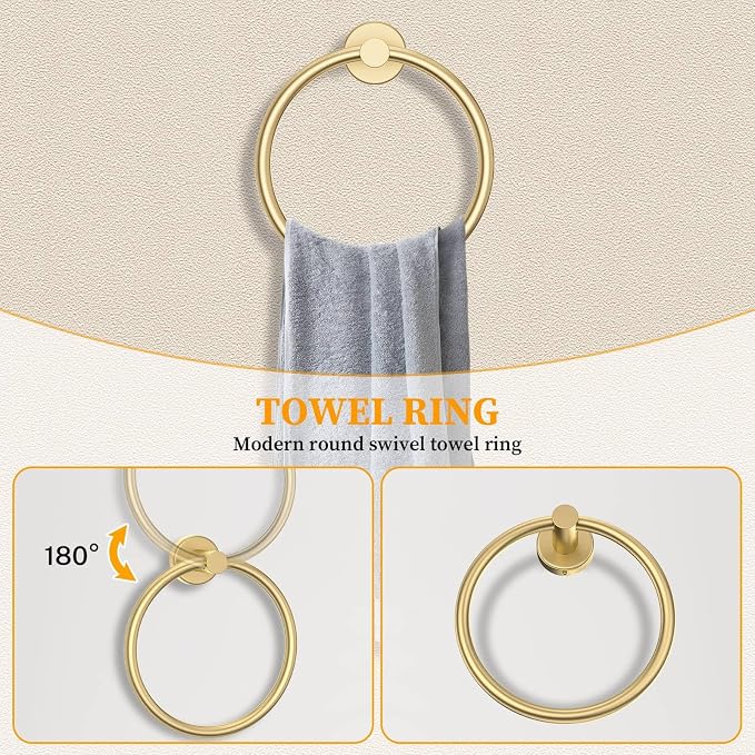 Brushed Gold Towel Bar Set 5 Pieces Round Bathroom Hardware Set Includes 23.6in - Image 4