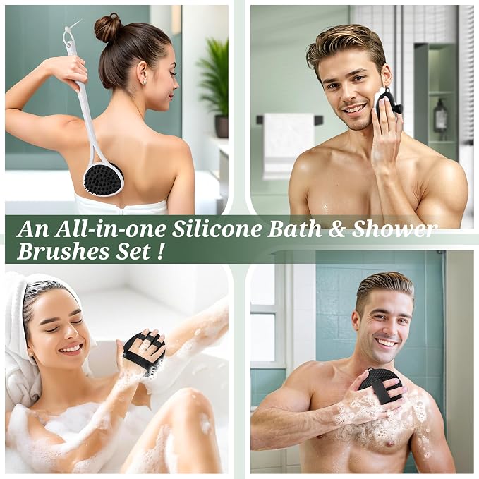 Silicone Back & Body & Face Scrubbers Set 4PCS, 15.35’’ Soft Back Scrubber - Image 6