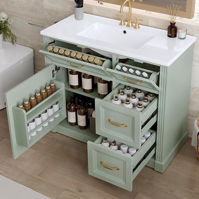 36 in Bathroom Vanity with Sink, Drawers and Flip-Out Drawers, Modern Solid by Virubi