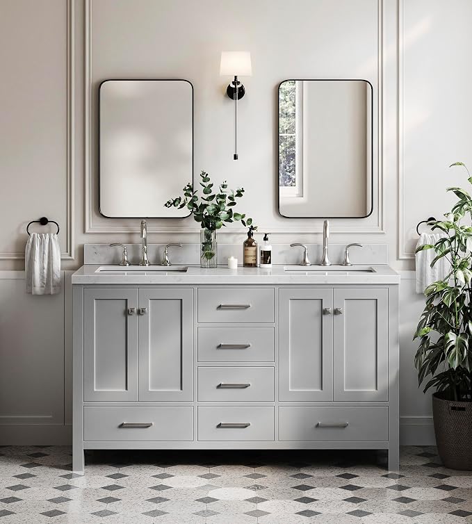 ARIEL Cambridge 60 Inch Grey Bathroom Vanity Double Sink, Solid Wood, Carrara - Image 5