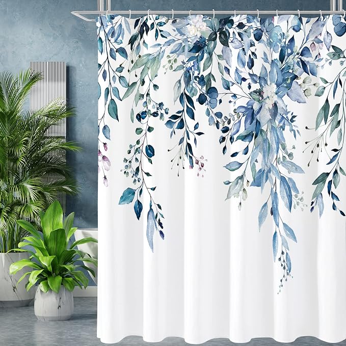 Gibelle Blue Eucalyptus Shower Curtain, Watercolor Plant Leaves by Gibelle