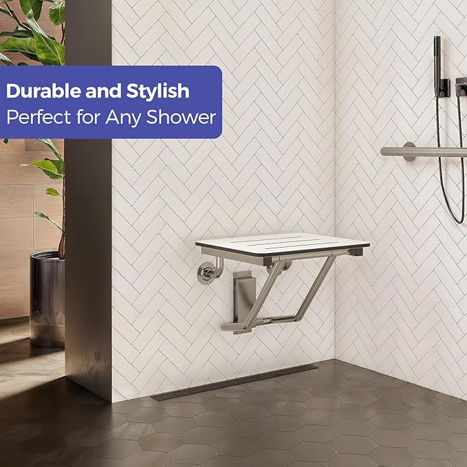 18" x 16" ADA Compliant Phenolic White Folding Shower Seat Bench, Wall Mount - Image 3