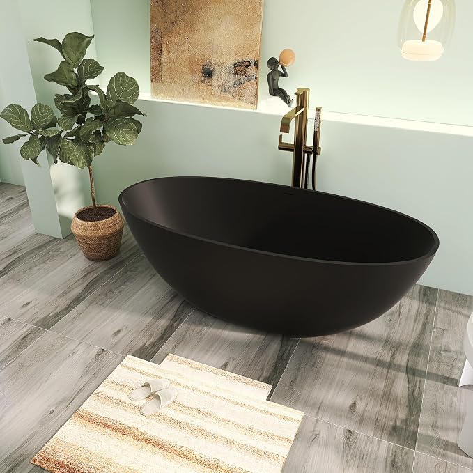 65" Premium Matte Black Solid Surface Freestanding Bath Tub, Oval Stone Resin - Image 3