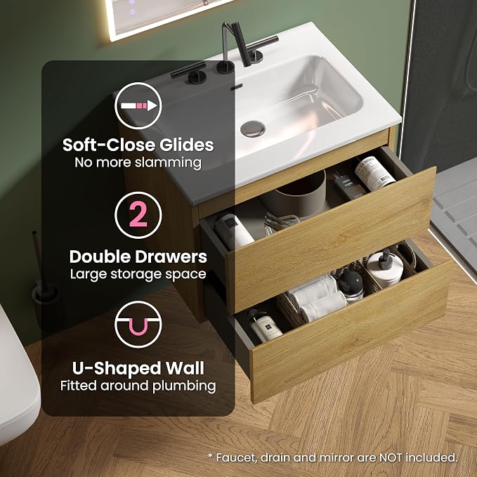 24" Bathroom Vanity with Sink, Modern Floating Vanity with Double Soft Closing - Image 5