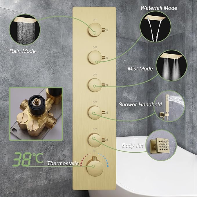 Brushed Gold Shower System Thermostatic Shower Faucet - Image 5