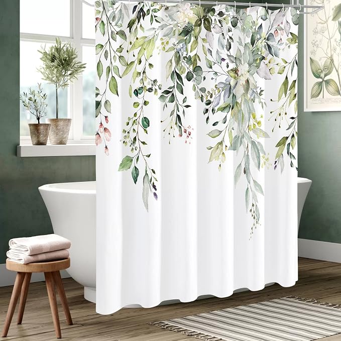 Gibelle Long Shower Curtain 72 x 78, Tall Sage Green Floral Fabric Shower - Image 2