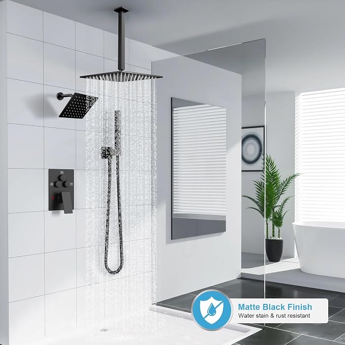 Shower Faucet Set Black Shower System, Ceiling Mount 12 Inch Shower Head - Image 2