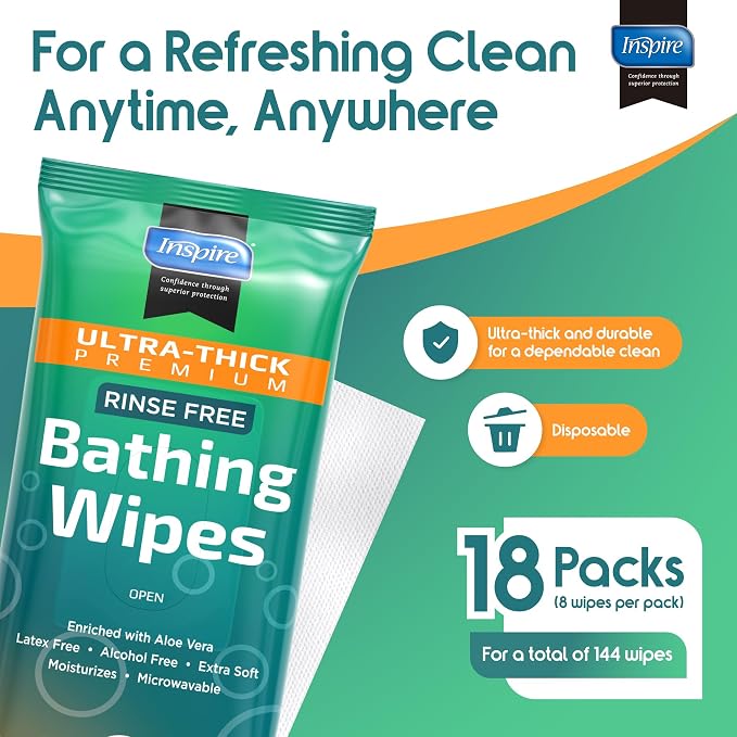 Inspire Ultra Thick Rinse Free Body Wipes, Bathing Wipes, Rinse Free Wet Wipes - Image 7