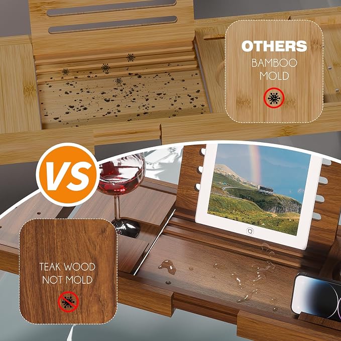 Wooden Bathtub Tray for Luxury Bathroom, Expandable Premium Teak Bath Tray - Image 4