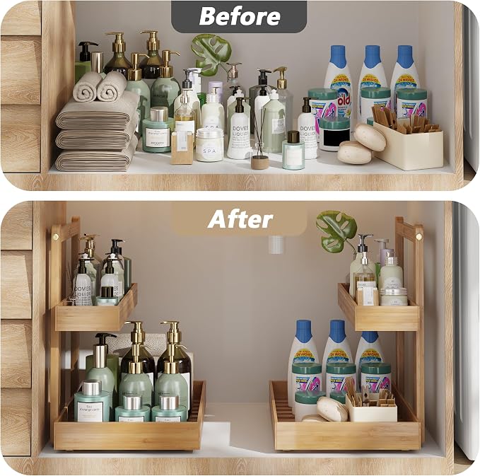 Bamboo Under Sink Organizer and Storage, 2 Tier Pull Out Cabinet Organizer - Image 4
