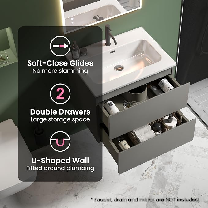 24" Bathroom Vanity with Sink, Modern Floating Vanity with Double Soft Closing - Image 5