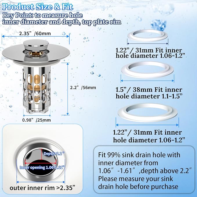 Pop up Bathroom Sink Drain Strainer, Universal Sink Stopper Bathroom Drain - Image 6
