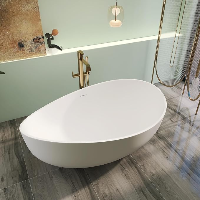71" Premium Solid Surface Freestanding Bathtub, Unique Oval Stone Resin Tub - Image 2