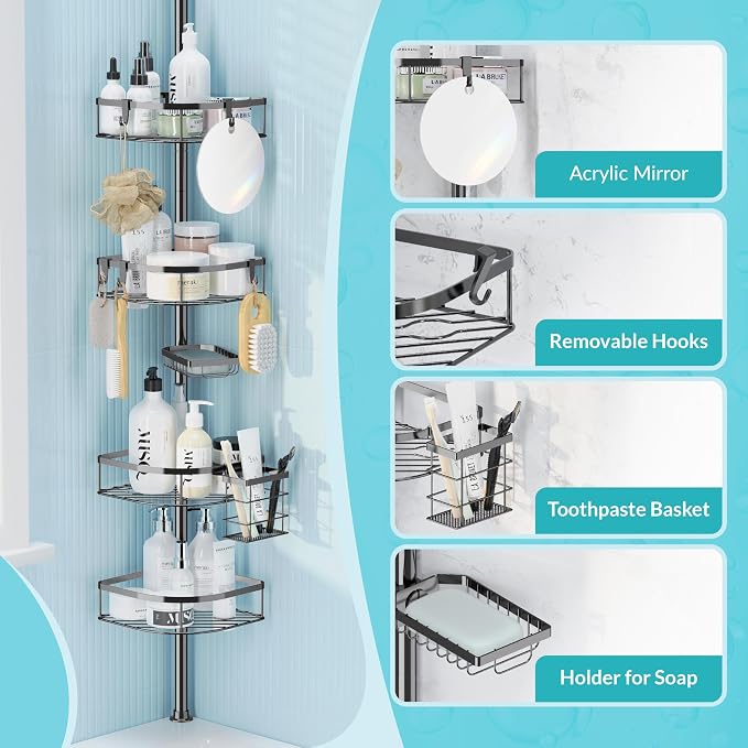 Shower Caddy Tension Pole, 4-Tier Adjustable Corner Shower Standing Caddy - Image 5