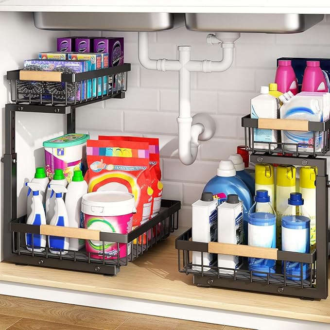 PXRACK 2 Pack Under Sink Organizer, Adjustable Height, 2 Tier Pull Out Under by PXRACK