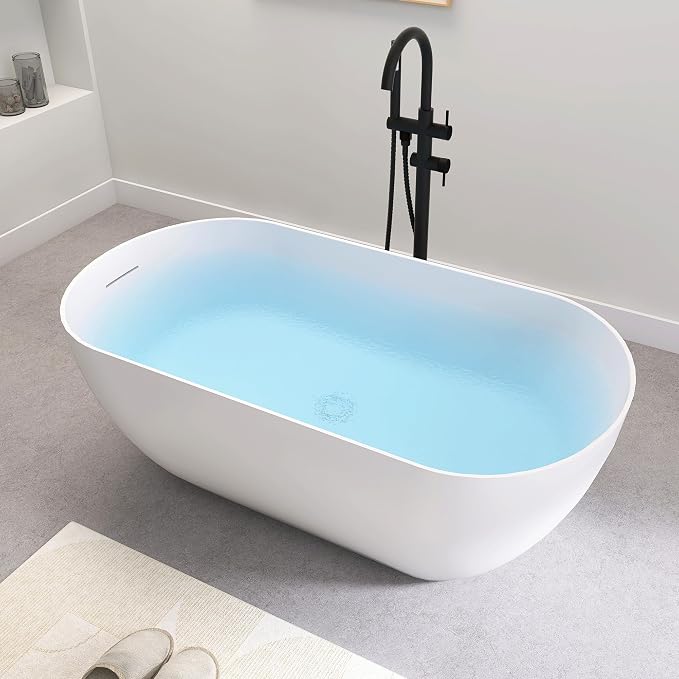 SJ STAR&JANE 51" Solid Surface Freestanding Bathtub, Matte White Oval Soaking - Image 2