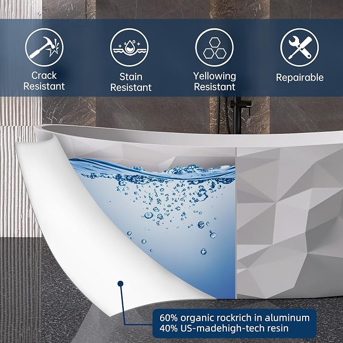 64'' Stone Resin Solid Surface Freestanding Bathtub, Modern Elegant Design - Image 8
