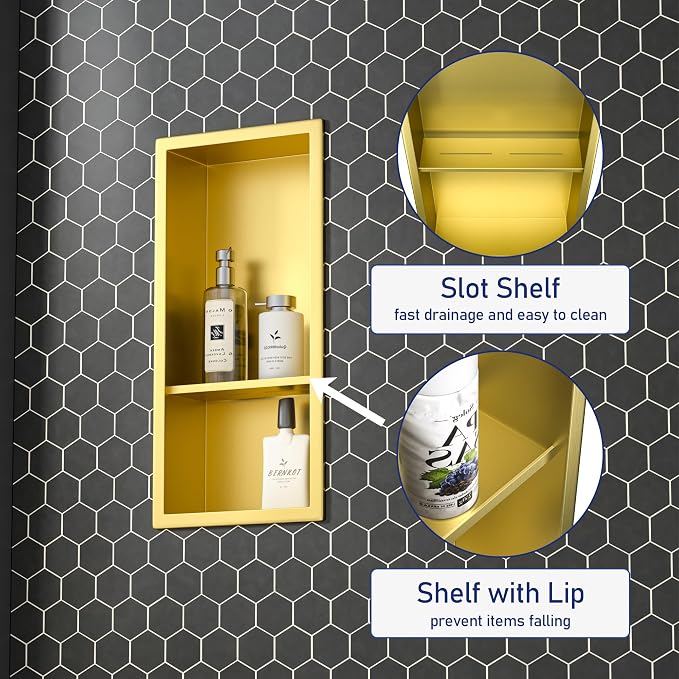 Stainless Steel Shower Niche 18"×8" Gold Double Shelf No Tiled Needed Niche - Image 4