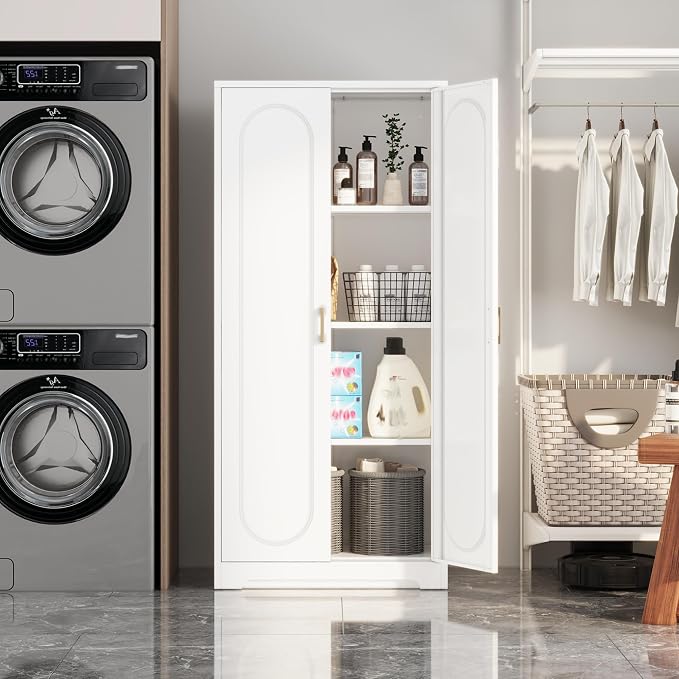 Kitchen Pantry Cabinet, 60”Metal White Storage Cabinets - Image 6
