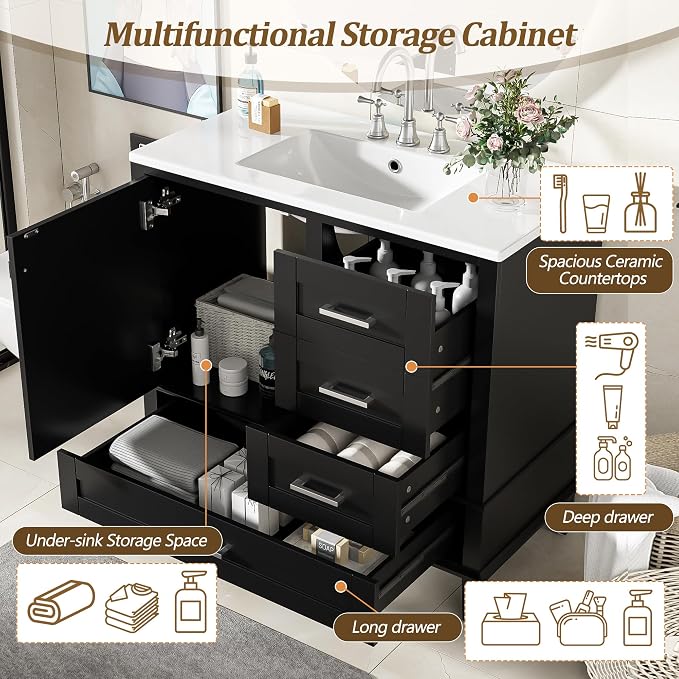 36" Bathroom Vanity with Solid Pine Frame, 1 Soft Close Door and 3 Drawers - Image 4