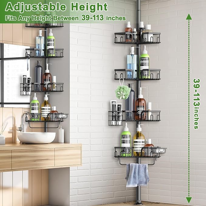Corner Shower Caddy Tension Pole, 4-Tier Rustproof Bathroom Organizer Storage - Image 2