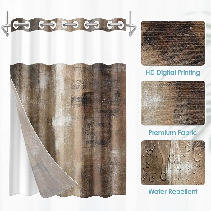 No Hook Brown Grey Painting Shower Curtain - Image 4