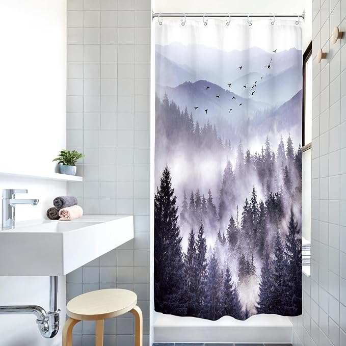 Riyidecor Stall Half Small Rv Shower Curtain 36Wx72H Inch Purple Mountain Camp - Image 2