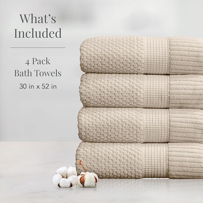 NY Loft 100% Cotton Bath Towel 4 Pack | Super Soft & Absorbent Quick-Dry Bath - Image 2