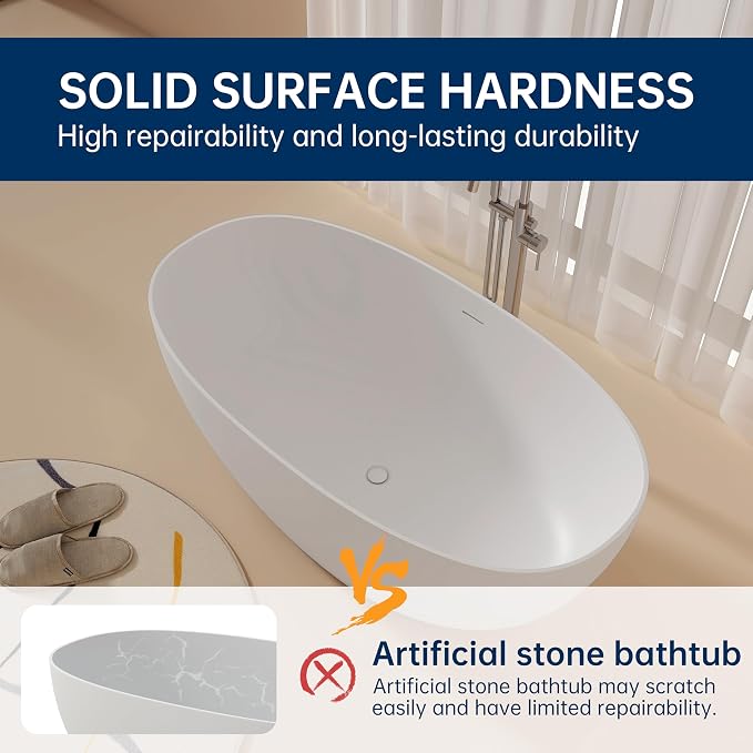 59'' Stone Resin Freestanding Bathtub, Bathroom Solid Surface Tub Bathtubs - Image 7