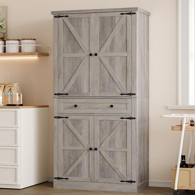 Pantry Organizers and Storage Cabinet, 70” Barn Door White Kitchen Cabinet by BORNOON