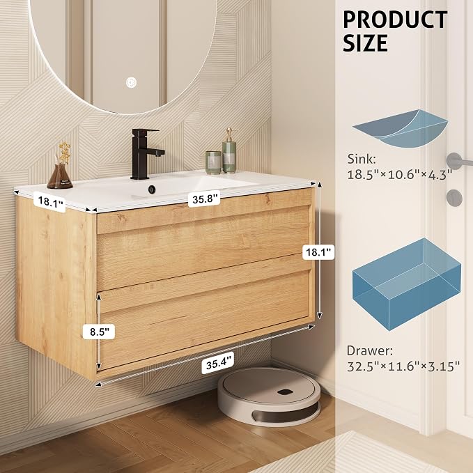 eclife 36" Floating Bathroom Vanity Sink Combo, Wall Mounted Modern Minimalist - Image 2
