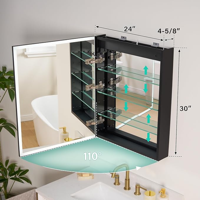 WELLFOR 24" X 30" LED Mirrored Medicine Cabinet, Medicine Cabinets - Image 2
