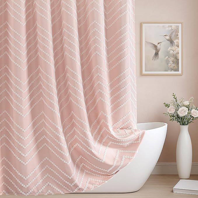 Long Blush Pink Boho Shower Curtain Cute Shower Curtain Textured Tufted Chevron by TURKIO