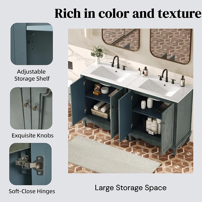 60" Double Sinks Bathroom Vanity Set, Vintage Bathroom Cabinet - Image 5