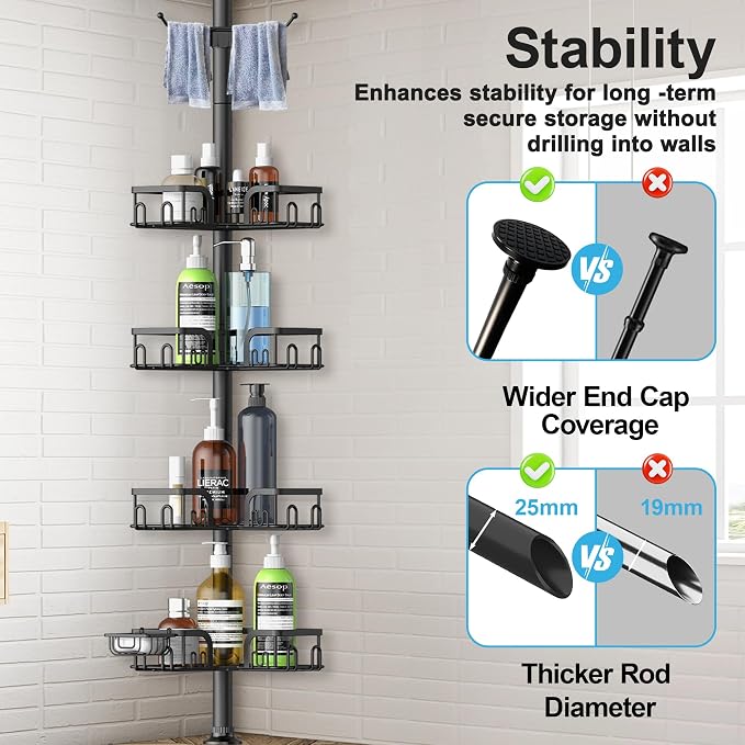 Corner Shower Caddy Tension Pole, 39-113 inch Adjustable Rustproof Floor - Image 5