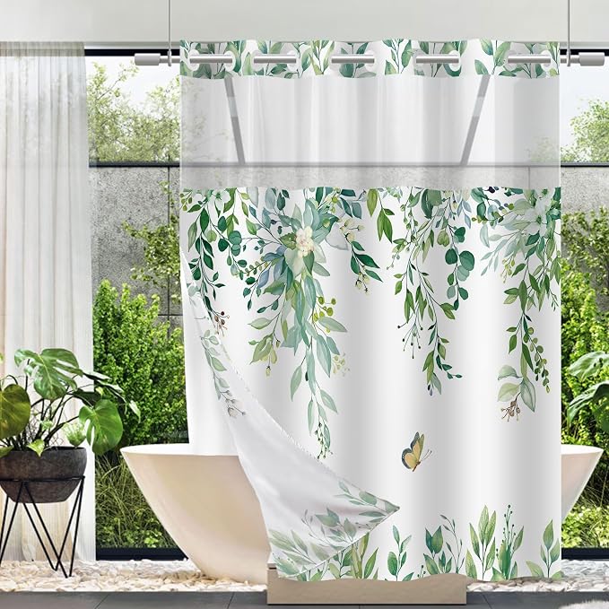 No Hook Shower Curtain and Liner Set, Light Green Eucalyptus Floral Shower by TWLSNCD