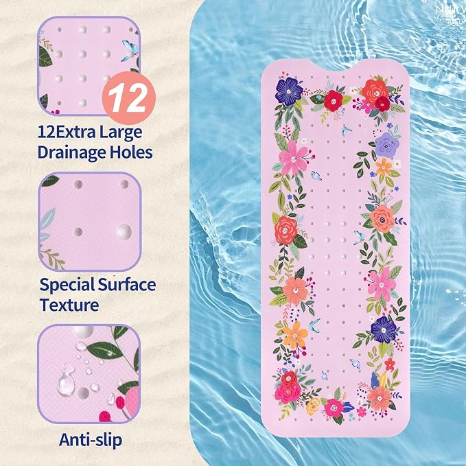 Pink Floral Bathtub Mat Non Slip - Image 3